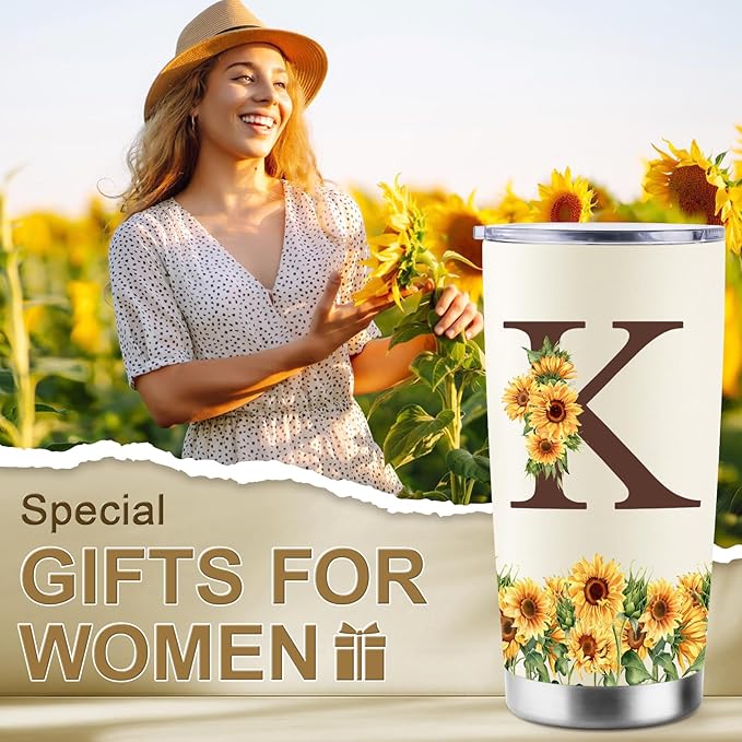 Sunflower Gifts for Women - Personalized Gifts for Women - Birthday Gift for Woman - Mothers Day Gift for Mom - Monogrammed, Initial 20oz Travel Cup Insulated Tumbler with Lid, K