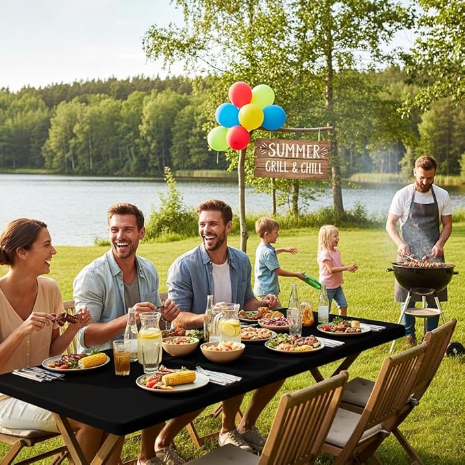Smiry Rectangle Picnic Table Cloth, Waterproof Elastic Fitted Tablecloths for 8 Foot Tables, Washable Polyester Table Cover for Camping, Indoor and Outdoor (Black, 36"x96")