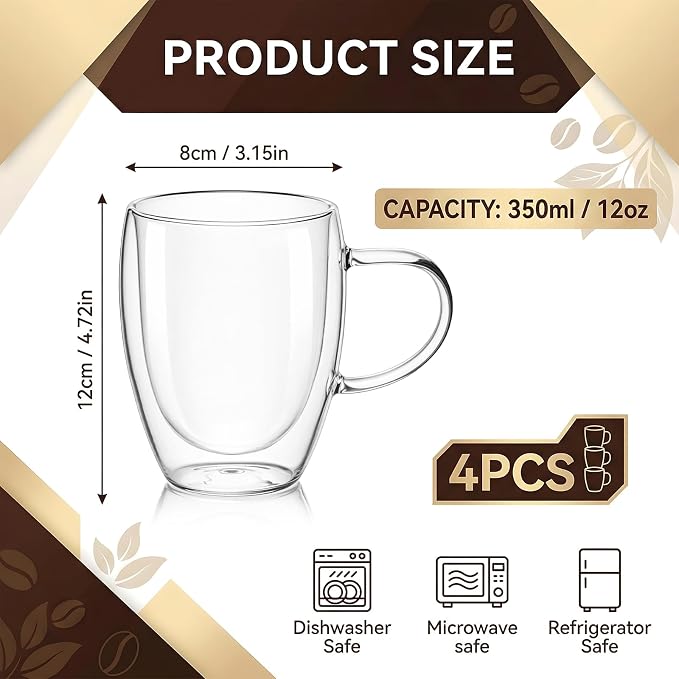 Set of 4 12oz Double Walled Glass Coffee Mugs - Image 2