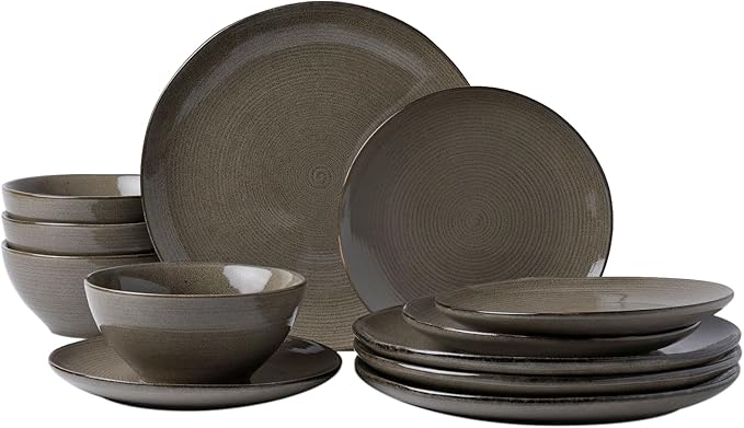 famiware Plates and Bowls Sets for 4, 12 Pieces Stoneware Dinnerware Sets, Dishes Set, Reactive Glaze Dishware Sets, Dishwasher & Microwave Safe, Tempus Series - Dark Olive