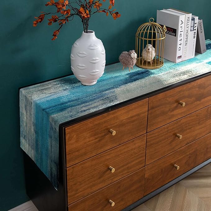 Teal Blue Abstract Table Runner and Place Mats Set of 6 Turquoise Teal - Image 4