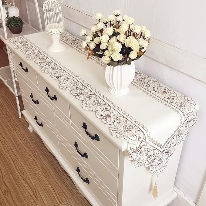 Arzoe Embroidered Lace Table Runner Elegant Vintage Mantel Scarf Dresser - Image 3