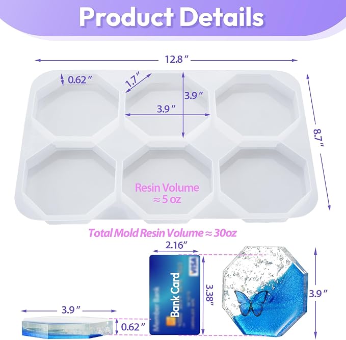 HeyClear Coaster Resin Molds Silicone, 6-Cavity Octagon Epoxy Resin Mold | - Image 4
