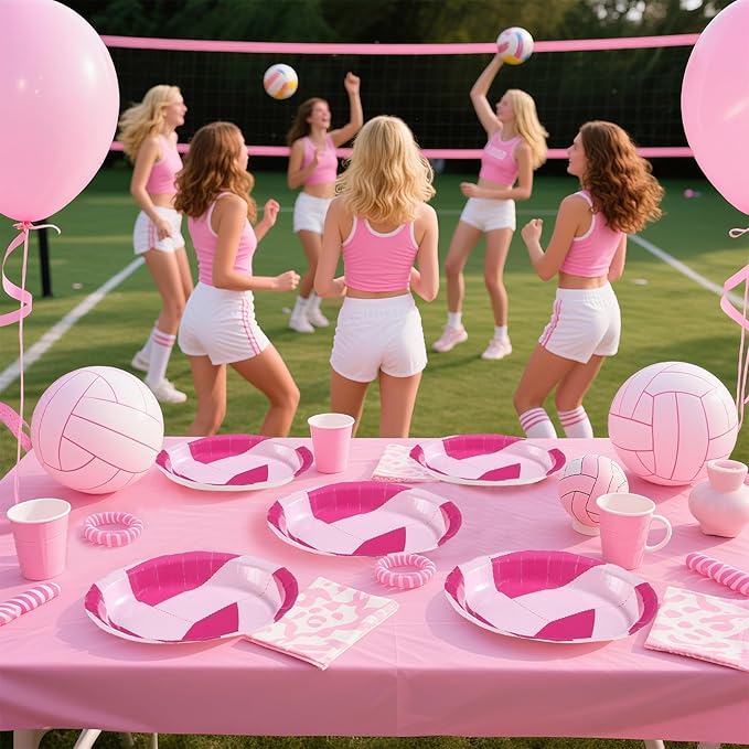Grencian 50Pcs Pink Volleyball Party Supplies 10" x 12" Volleyball Oval Paper Plates Sport Birthday Party Disposable for Girls Ball Games Birthday Baby Shower Decorations