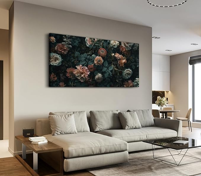 ADJUVANT Wall Art Floral 40"L x 20"W, Dark Hued Vintage Flowers With Lush Foliage Canvas Painting Elegant Blooms Artwork Retro Garden Prints Floral Wall Decor for Living Room Bedroom Study Home Office