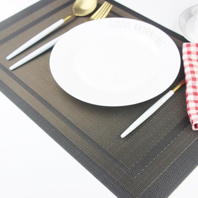 Placemats for Kitchen Woven Vinyl Table Placemat Heat-resistand Table Plastic Mats Set of 4 (Gold+Black)