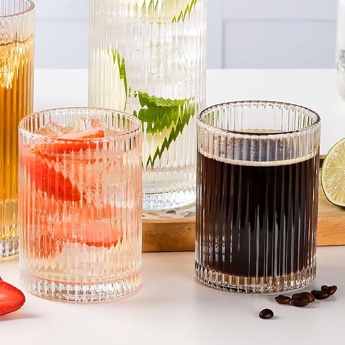 WHJY Ribbed Glassware Highball Glasses Unique Everyday Drinking Glasses Short Glasses Cups Set of 4 for Cocktail, Whiskey, Beer, Juice - 8.8oz 3.7"