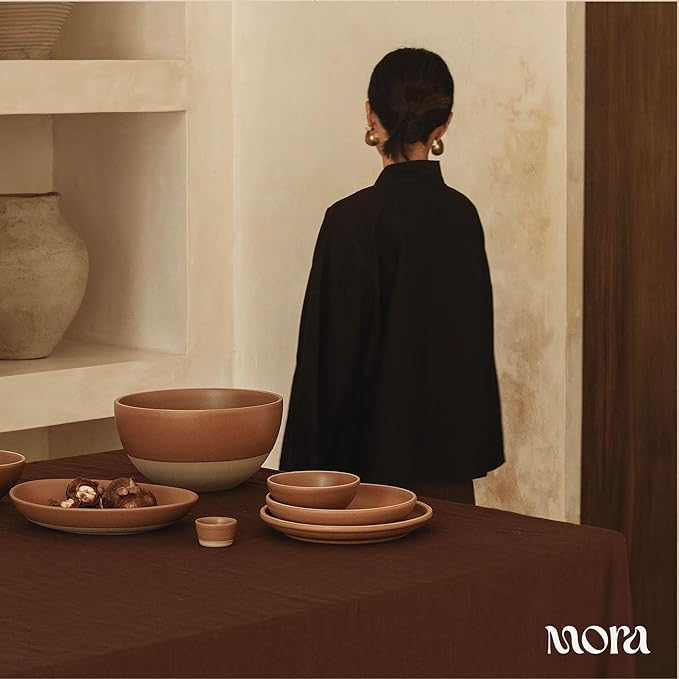 MORA Large Plates Set of 4, 10.5 inch Ceramic Pottery Dinner Plates - Microwave, Oven and Dishwasher Safe - Terracotta