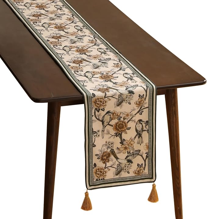 Designer French Linen Long Table Runner, Floral and Bird Pattern, Dining Table by Isaennehomedecoration