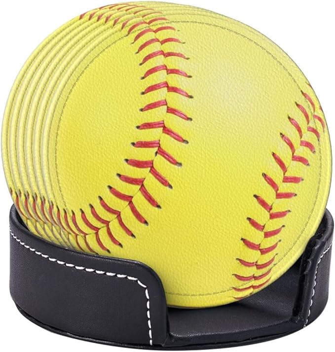 Softball Yellow Coasters for Drinks with Holder Round Leather Coasters Set of 6 Cups Mugs Mat Pad for Home Kitchen Bar