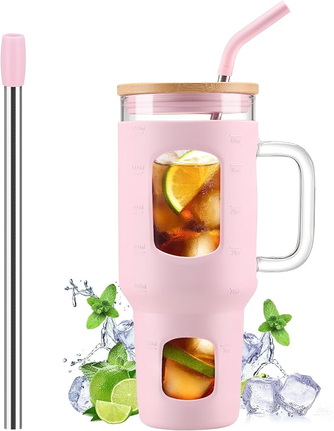 WINSA Glass Tumbler with Straw and Lid, 40 oz, Glass Water Bottles with Time by WINSA