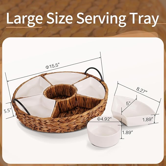 Serving Tray and Platters, 7-Set Gold Platters for Parties, 15.5 x 15.5 inches, Divided Serving Trays & Portable Handle for Home Dining, Gift Box Packaging.