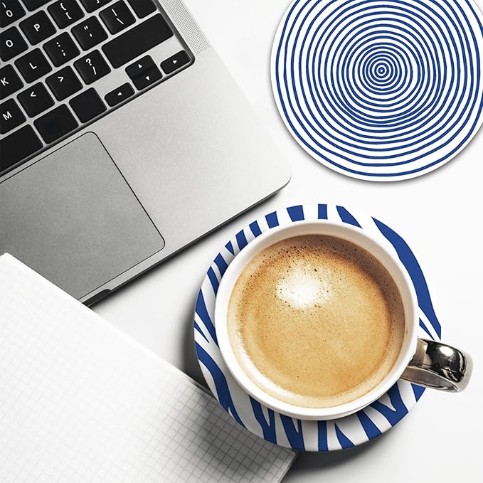 Blue White Geometric Ceramic Coasters with Holder Set of 6, Abstract Dahlia Modern Art Absorbent Drink Cup Mat for Coffee Table Protection, 4'' Minimalist Home Kitchen Decor Housewarming Gifts