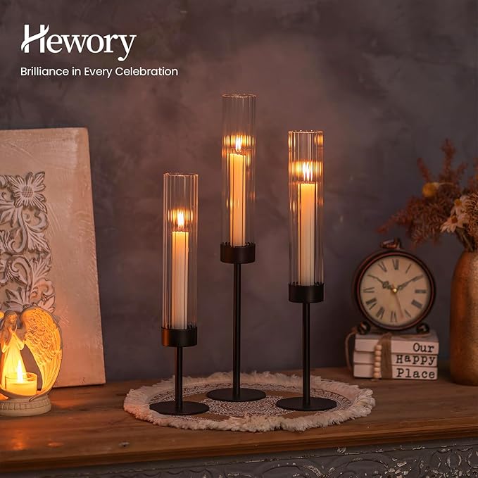 Hewory Black Taper Candle Holders: Candlestick Holders Set of 3 Hurricane Glass Tall Candle Holder for Candlesticks Candle Sticks Holder Decor for Table Centerpiece Wedding Party Christmas Decorations