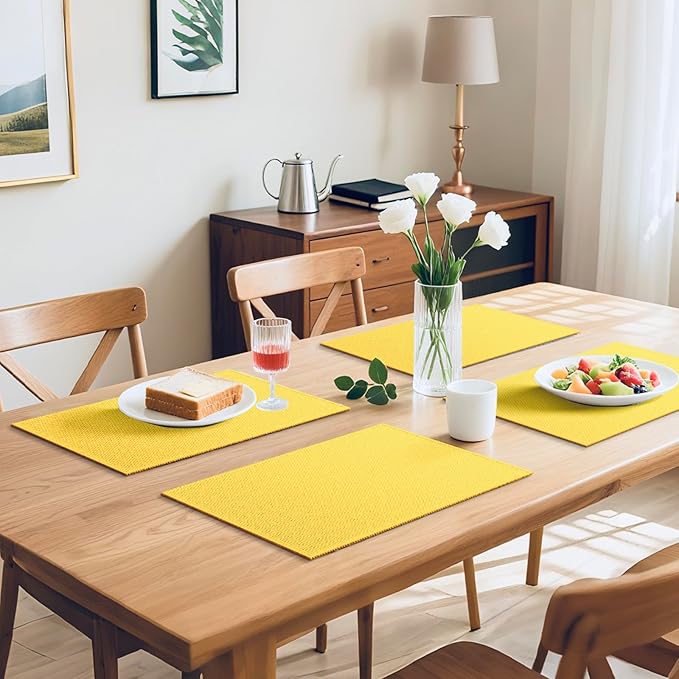 Blue Forest Placemats Set of 6, Dual-Layered Thickened Faux Linen Table Mats Heat Resistant Machine Washable Wrinkle Free Place Mats for Kitchen Dining Outdoor/Indoor (Bright Yellow)