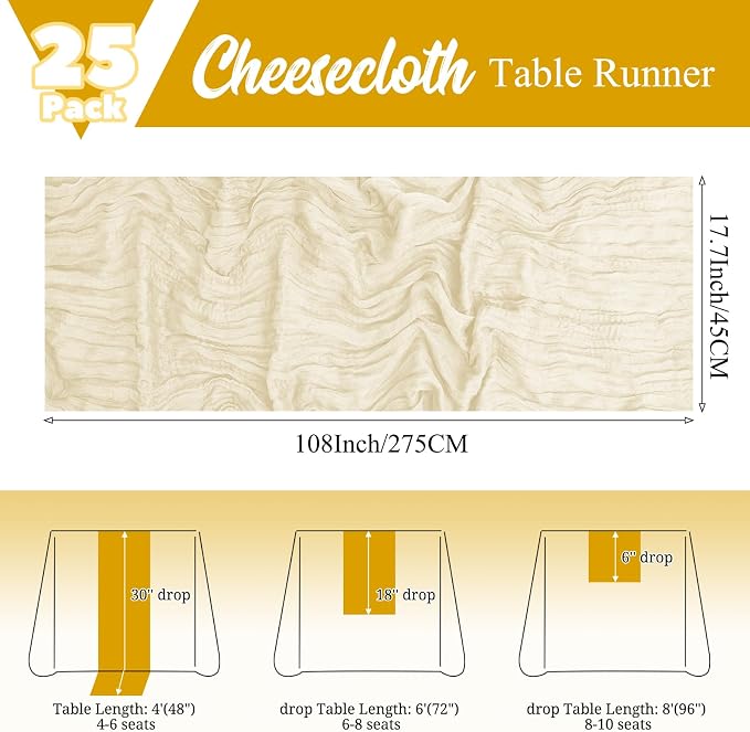 25 Pack Ivory Table Runner 17 x 108inch Cheesecloth Table Runner Boho Gauze - Image 2
