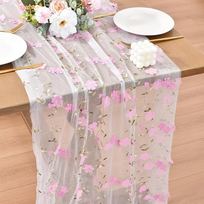 Wildflower Floral Sheer Tulle Gauze Table Runner Wedding Baby Shower Decor | - Image 4