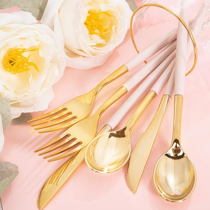 Rubtlamp 90Pcs Gold Plastic Silverware, Valentine's Day Utensils Set With Pink Handles Include 30 Gold Knives, 60Plastic Forks and Spoons, Pink Silverware Heavy Duty For Mother's Day