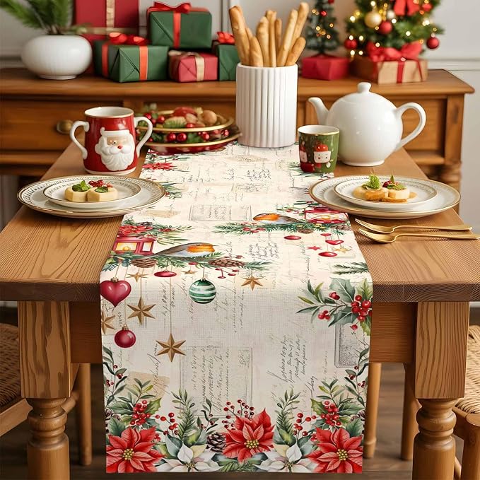 Christmas Poinsettia Table Runner 120 Inches Long, Winter Xmas Balls Birds - Image 5