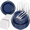 350 Pcs Blue Silver Plates for Graduation | Blue Party Plates Set for 50 Guests by Hioasis