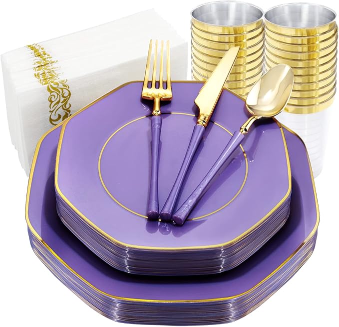KIRE 140Pcs Purple Plates with Gold Rim by KIRE
