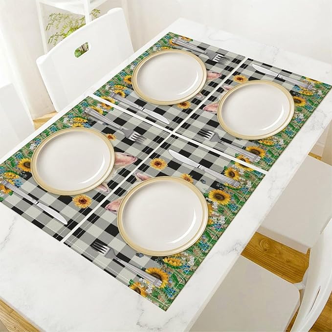 Rustic Pig Placemat Set, Vintage Farmhouse Cute Animal Sunflower Floral Black White Plaid Blue Bowknot Pattern Home Decor Table Mats for Dining Room Kitchen Party (17x12in) x6P