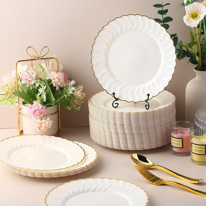 Mifoci 200 Pcs 7.5 Inch Ivory with Gold Rim Plastic Disposable Plates Bulk Salad Dessert Appetizer Cake Plates Elegant Fancy Plastic Tableware for Party Holiday, Wedding, Catering Table Decoration