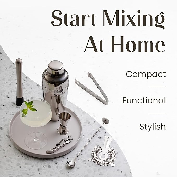 Mixology & Craft Cocktail Shaker Set with Dark Bamboo Stand - Professional 18oz 10-Piece Bartender Kit - Complete Bar Set & Cocktail Mixer Kit for Home (Silver)