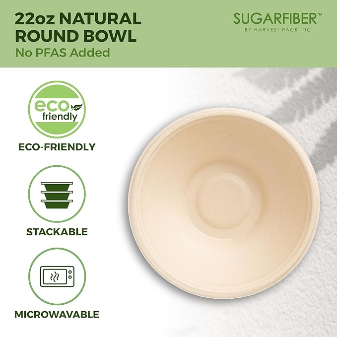 [1000 Count]Sugarfiber by Harvest 22oz Round Bowls PFAS Free with PLA coating - Compostable Heavy-Duty Eco-Friendly Disposable Bagasse Bowl Sugarcane made plant fibers for Meal Prep