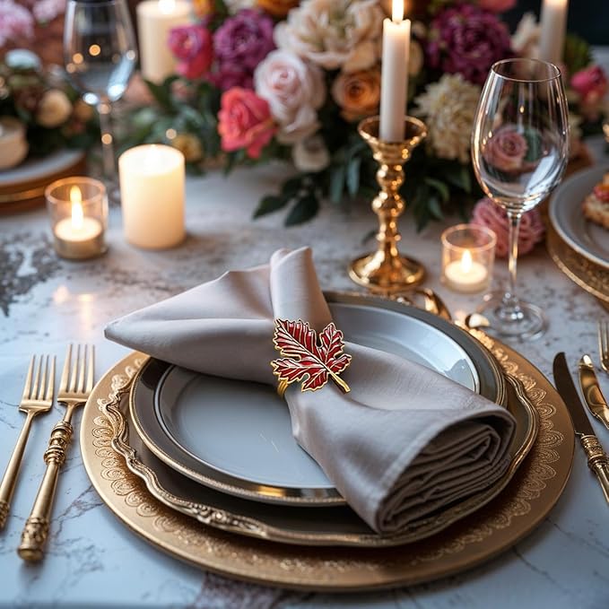 Decozen Set of 16 Red Gold Napkin Rings in Leaf Design, Festive, Table Decor Setting for Holiday, Wedding, Birthday, Kitchen, Home Decor, Housewarming Gift - Thanksgiving & Christmas Gift Decoration
