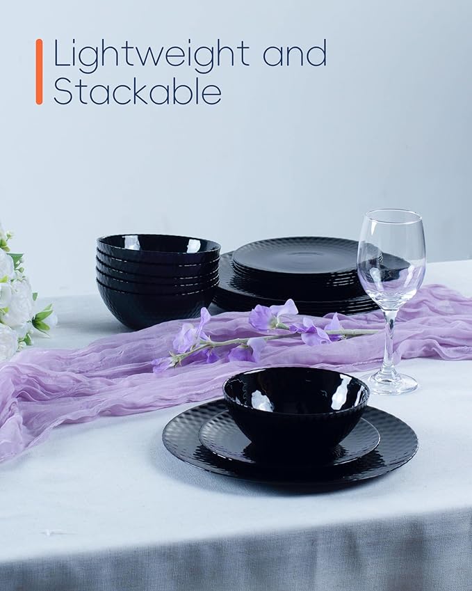 Dinnerware Sets for 4, Light & Durable 12 Pieces Opal Glass Plates and Bowls Set, Dishwasher and Microwave Safe Dish Dinning Ware, Thin but Strong Geometric Faceted Black