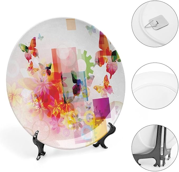 Ceramic Display Plate, Abstract Ceramic Hanging Decorative Plate, Natural Design Flowers Leaves Squares Rounds, 8 Inch, Household Custom Ceramic Plate, Multicolor