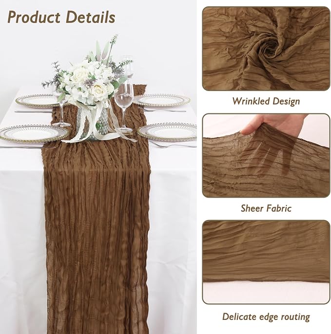 3 Pack Light Brown Cheesecloth Table Runner 120 Inch Boho Wedding Decor | - Image 3