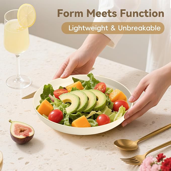 Deep Dinner Plates Set of 8, Wheat Straw Plate 9 Inch, Lightweight and Unbreakable Plastic Plate Reusable, Microwave & Dishwasher Safe Camping Plates for Picnic, Outdoor, Travel (Beige)