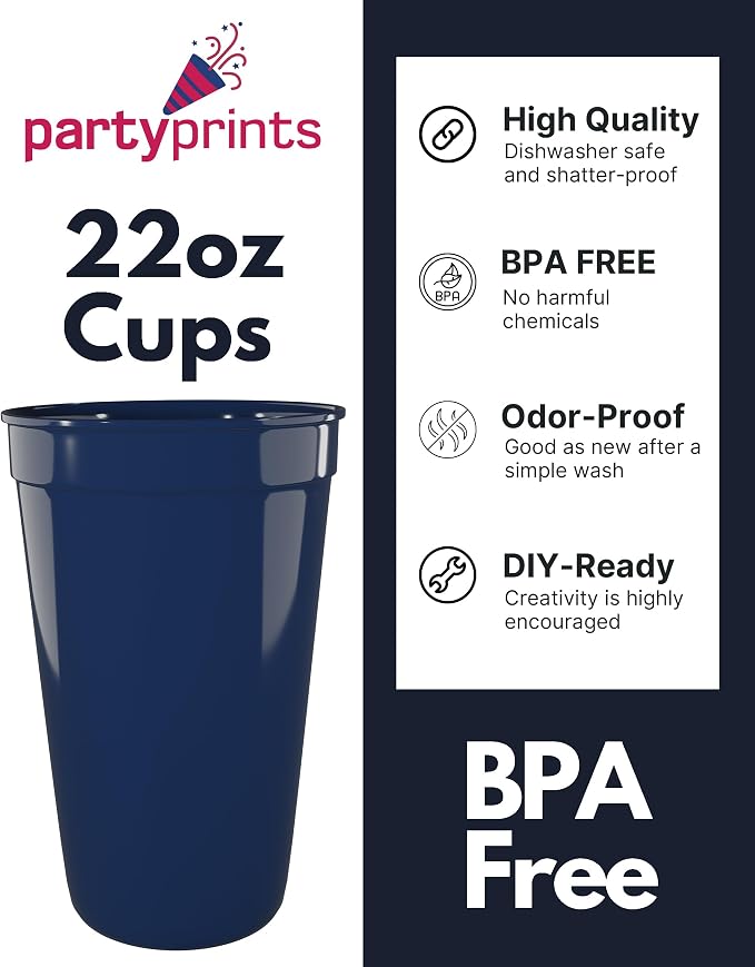 PartyPrints 10 Pack 22 oz Navy Blue Reusable Blank Plastic Cups, Colored - Image 2