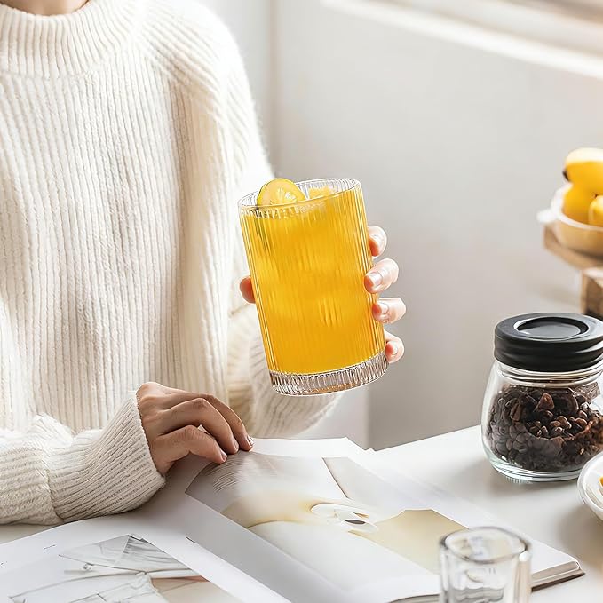 INSETLAN 17oz Ribbed Glassware Set of 4, Glass Cups Large Vintage Glassware Set, Origami Style Cocktail Glasses, Ideal for Beer, Juice, Water, Ice Coffee Cup, Whiskey