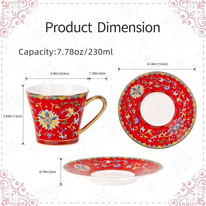 KAMMAK Tea Cup and Saucer, Ceramic Coffee Cups, 8 oz, Afternoon Tea and - Image 2