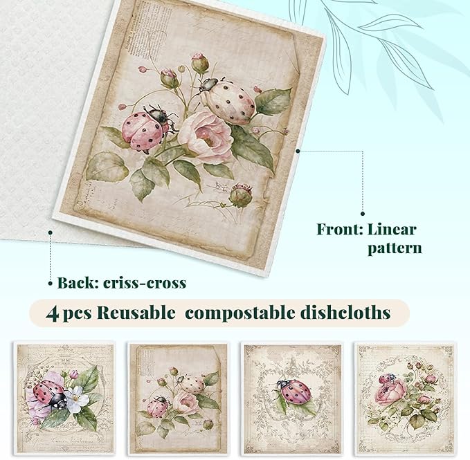 Swedish Dishcloths for Kitchen, Vintage Floral Swedish DishCloths, Papaya Reusable Paper Towels Washable, 4 Pcs Dish Towels for Kitchen Party Home Housewarming Cleaning Cloths