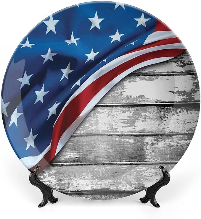 Ceramic Display Plate, American Flag Decor Ceramic Hanging Decorative Plate, Flag Over Antique Rustic Rippled Board, 10 Inch, Living Room Kitchen Decoration Household, Grey Navy