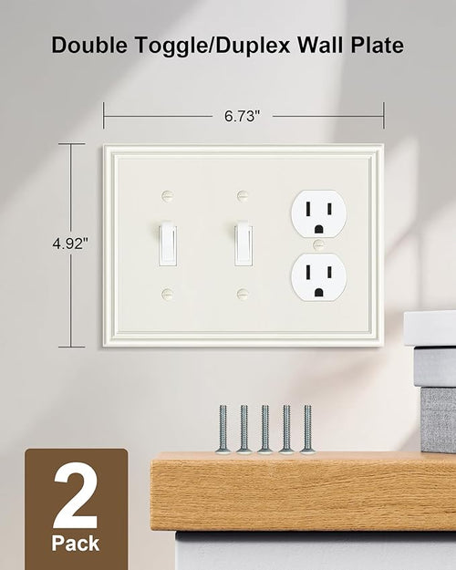 2-Pack Combo Double Toggle/Single Duplex Outlet Covers, Durable Zinc Alloy Decorative Switch Plate Covers, Light Almond 4 Gang Switch Plates, Corrosion Resistant