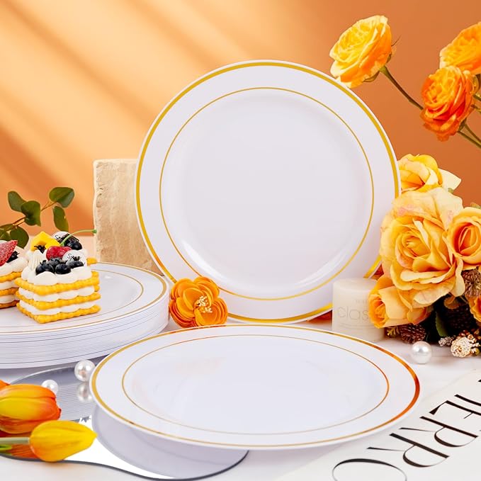 bUCLA 30PCS White and Gold Plastic Dinner Plates Disposable - 10.25inch Premium White Gold Rim Plates, Ideal for Wedding & Party