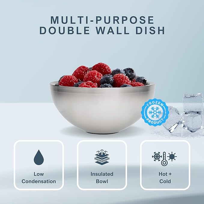 Dip Chiller Bowl - Large 70oz Capacity - Frozen Ice Stainless Steel Party Serving Bowl - Insulated Dip Dish Platter Keeps Salsa, Guacamole, Condiments, Sauces, Salad & Food Hot or Cold (2 Bowls)