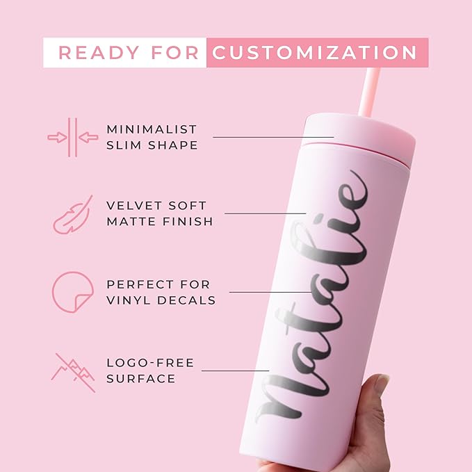 STRATA CUPS Pink Skinny Tumblers with Lids and Straws (4 pack) - 16oz Matte Pastel Colored Acrylic Tumblers with Lids and Straws, Double Wall Skinny Tumbler Bulk, Reusable Cup with Straw Cleaner