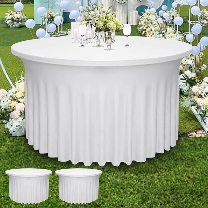 2 Pack White Round Table Skirt, 60 Inch Diameter x 30 Inch Height, Stretch Polyester Spandex Tablecloth for 5ft Round Tables, Stain & Wrinkle Resistant for Wedding, Banquet Decor