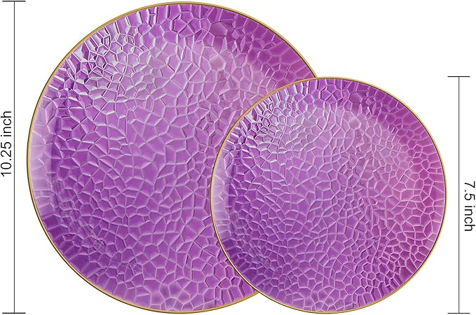 Hioasis 60pcs Purple Plastic Plates - Gold Rimmed Disposable, Hammered, Heavy-duty Dinnerware Set Suitable for 30 Guests, 10.25" Dinner & 7.5" Dessert Plates for Party & Wedding