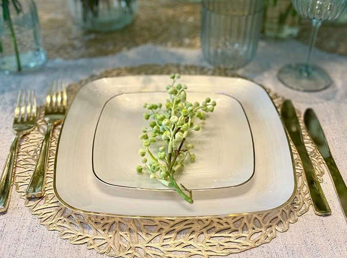 " OCCASIONS " 120 Pieces Pack,(60 Guests) Premium Wedding Party Disposable Plastic Plates Set -60 x 10'' Dinner + 60 x 7'' Salad/Dessert (Belize Square in Ivory & Gold)