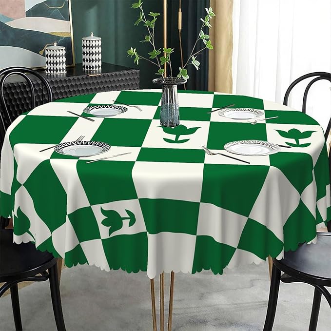 Laeacco 24 Inch Geometric Round Tablecloth Green White Plaid Square Flower Modern Abstract Art Print Table Cloth Washable Waterproof Wrinkle Free Table Cover for Kitchen Dining Picnic Party Decor