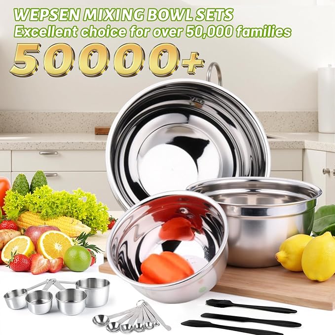 Mixing Bowls Set, 25PCS Stainless Steel Mixing Bowl with Lid Set, Large Nesting Bowls 7, 4.5, 3,2, 1.5QT, Measuring Cups and Spoons Baking Utensils Metal Bowl for Kitchen Prep