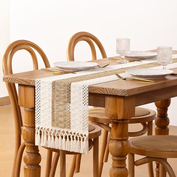 DeZerlor Ivory& Burlap Boho Macrame Farmhouse Woven Table Runner 60Inch | - Image 4