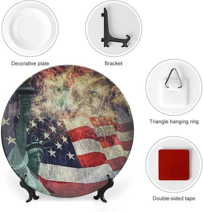 Ceramic Plates, American Flag Decorative Ceramic Plates, Fireworks 4th of July, 8 Inch, for Dining, Parties, Wedding, Multicolor